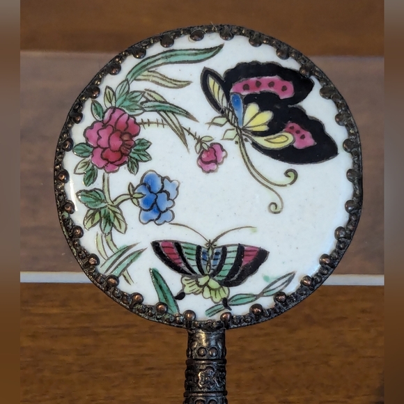 Butterfly Purse size Hand Mirror With Ornate Trim and Green Handle - Picture 2 of 9